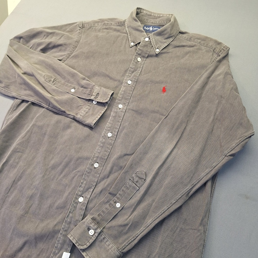 Ralph Lauren Mens Large Grey Cotton Twill Long Sleeve Button Down Shirt 1584